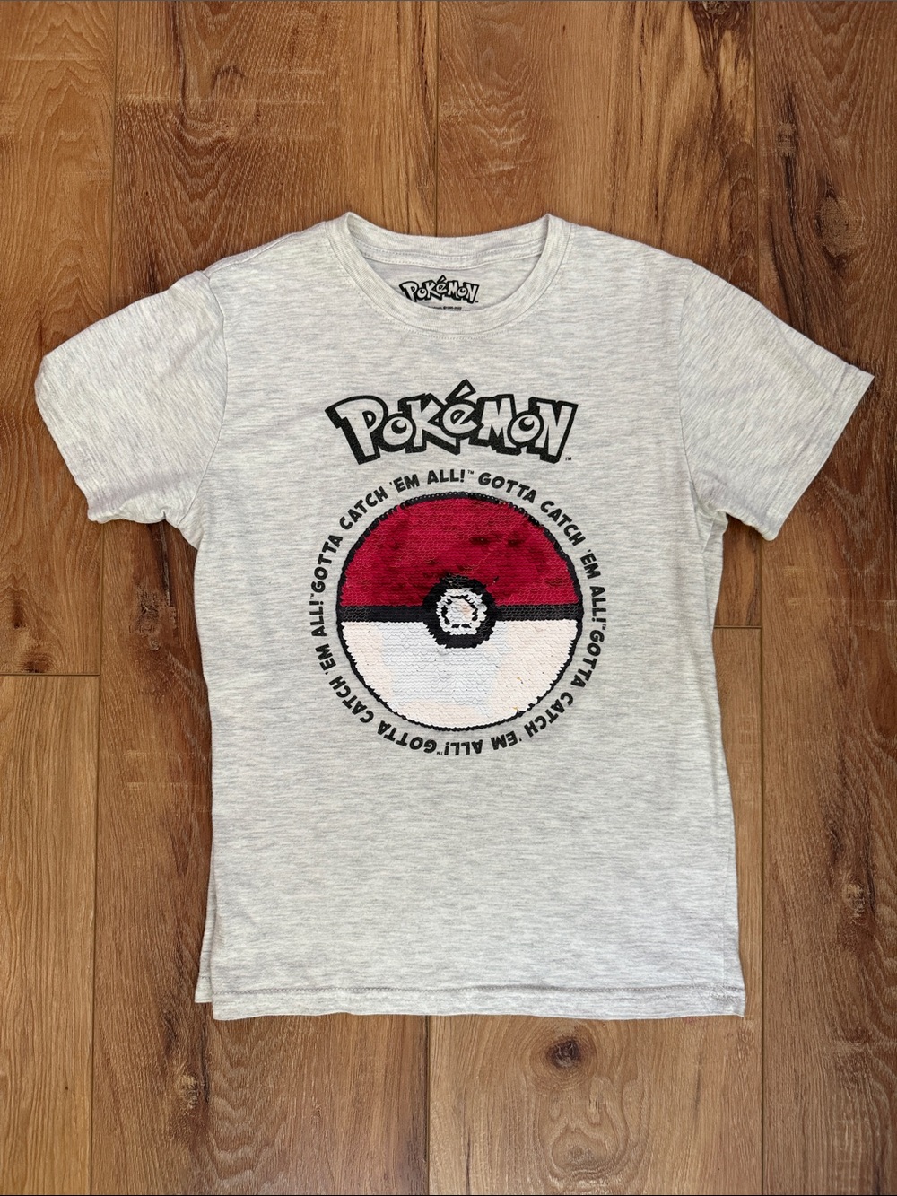 Pokemon Light Gray Tee with Red & White Sequin Poké Ball